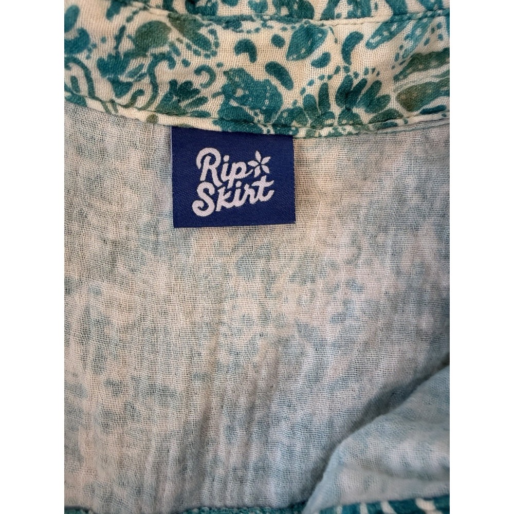 RipSkirt Cotton Shirt Dress Cover Up Teal White Floral Print Pockets Large - Picture 3 of 11
